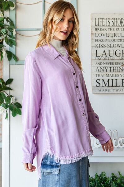 Veveret Raw Hem Button Up Long Sleeve Shirt *