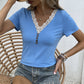 LAQUITETA Lace Trim V-Neck Short Sleeve Blouse