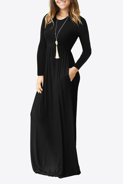 Women's Full Size Valencia Round Neck Empire Waist Pocket Dress *