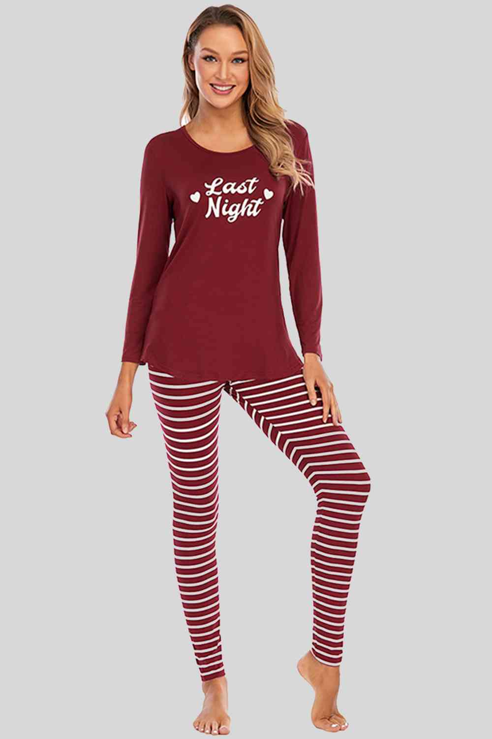 DEER Graphic Round Neck Top and Striped Pants Set