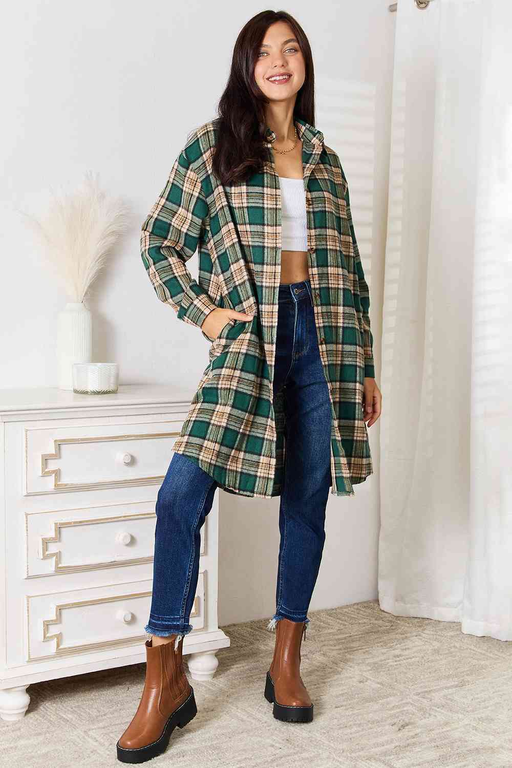 Double Take Plaid Collared Neck Long Sleeve Shirt *
