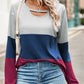Color Block Cutout Round Neck Long Sleeve T-Shirt
