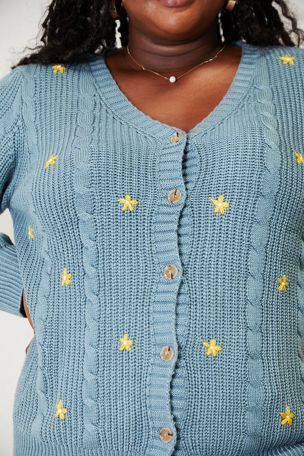 HEYSON Full Size Floral Embroidered Cable Teal Cardigan *