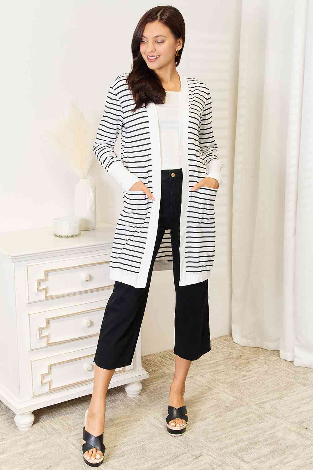 Double Take Striped Open Front Longline Cardigan *