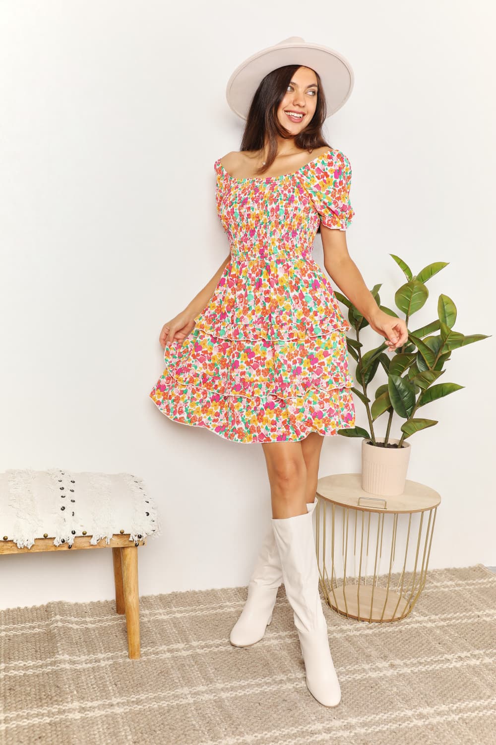 Double Take Strawberry Smocked Sweetheart Neck Flounce Sleeve Strawberry Mini Dress *