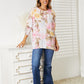 Double Take Blush Pink Floral Round Neck Three-Quarter Sleeve Top