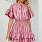 Smocked Tie Neck Flounce Sleeve Dress