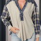Plaid Notched Neck Slit Blouse