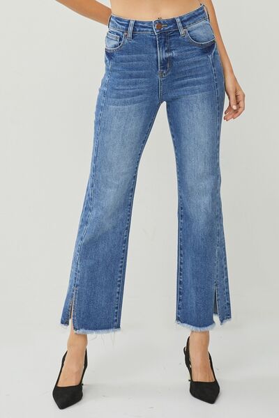 RISEN High Waist Raw Hem Slit Straight Jeans *