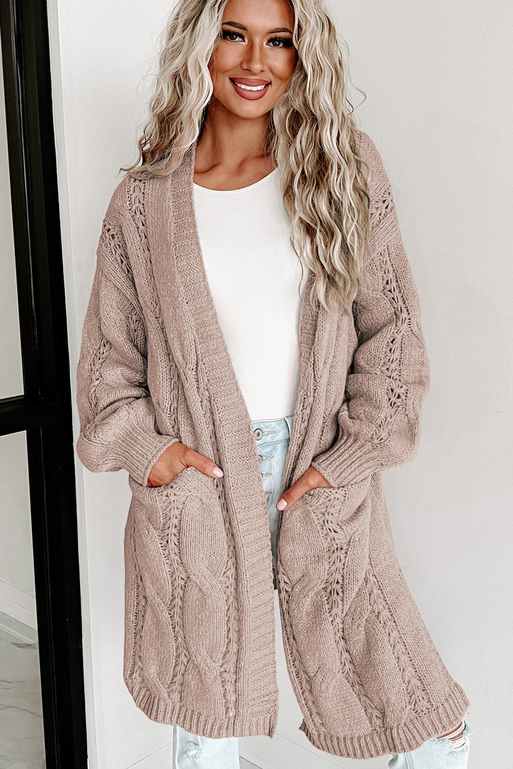 Full Size Cable-Knit Dropped Shoulder Cardigan