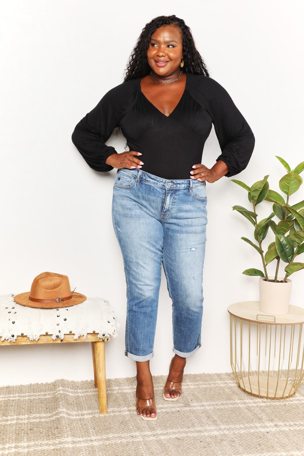 Culture Code Black Full Size V- Neck Bodysuit *