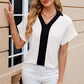 Contrast Johnny Collar Short Sleeve Blouse