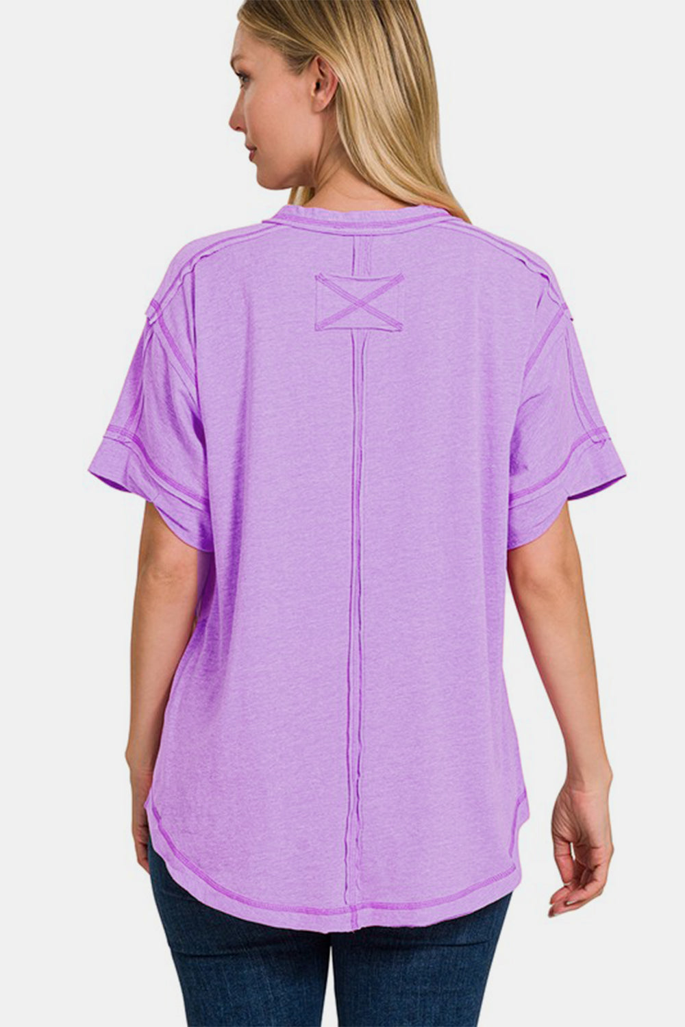 Zenana Exposed Seam Half Button Short Sleeve Top *