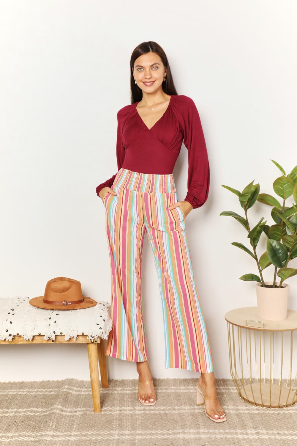 Double Take Striped Smocked Waist Pants with Pockets *