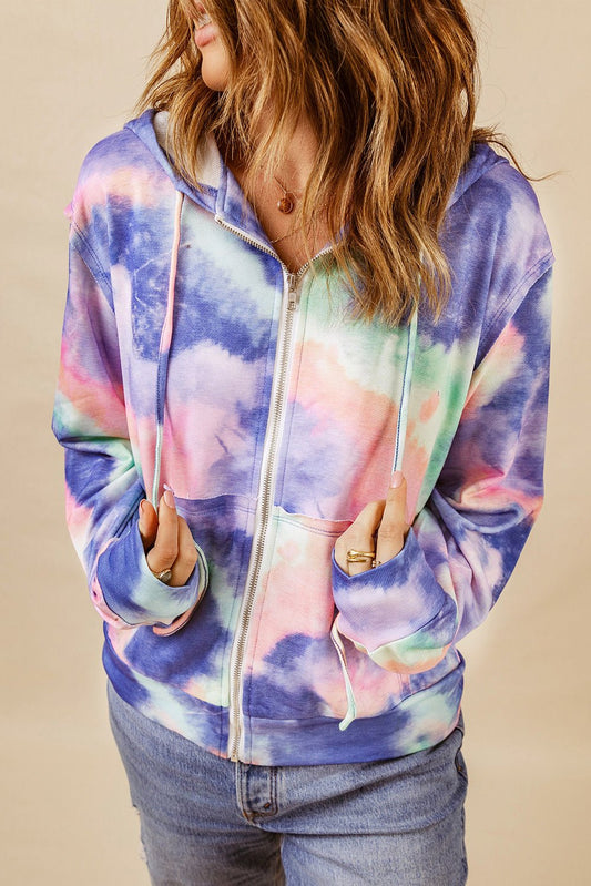 Women's Full Size Tie-Dye Drawstring Detail Zip Up Hooded Jacket