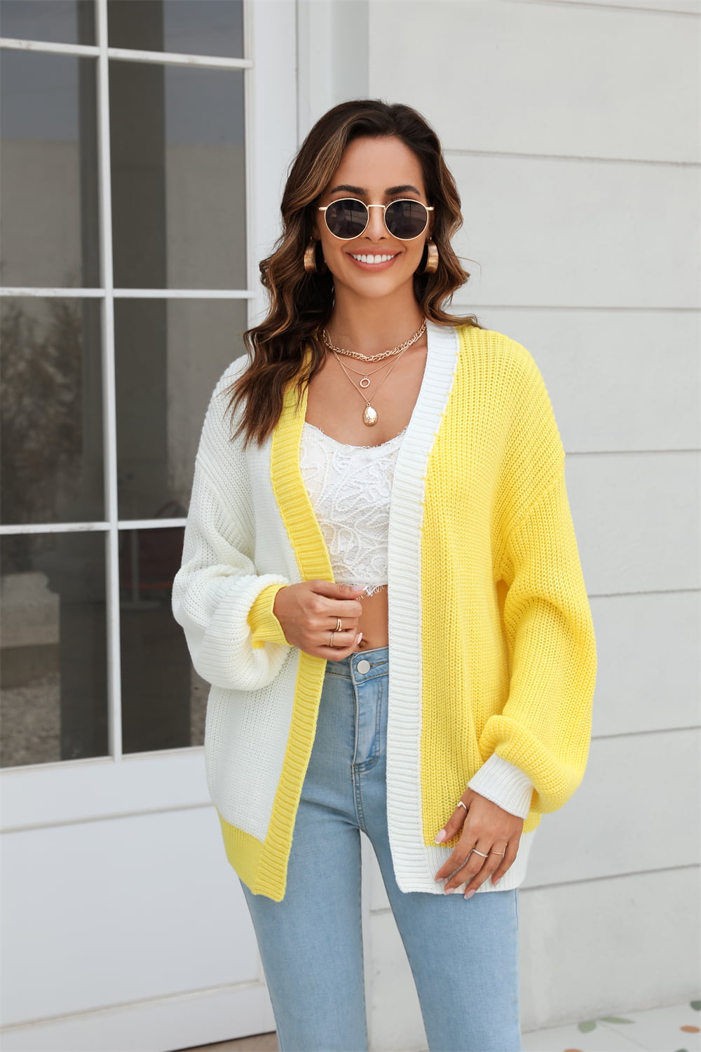 Sophia & Grace Open Front Contrast Color Balloon Sleeve Cardigan