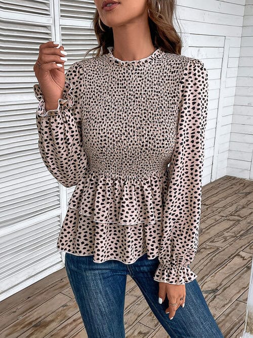 Laken Jay Printed Round Neck Smocked Flounce Sleeve T-Shirt