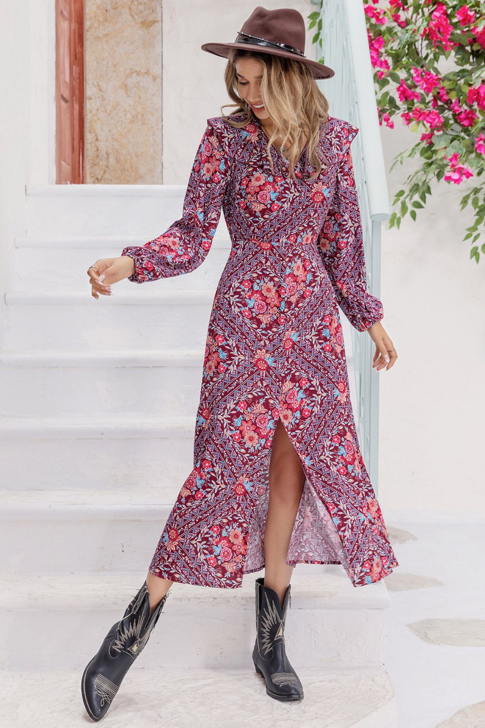 Purple Printed Long Sleeve Slit Midi Dress