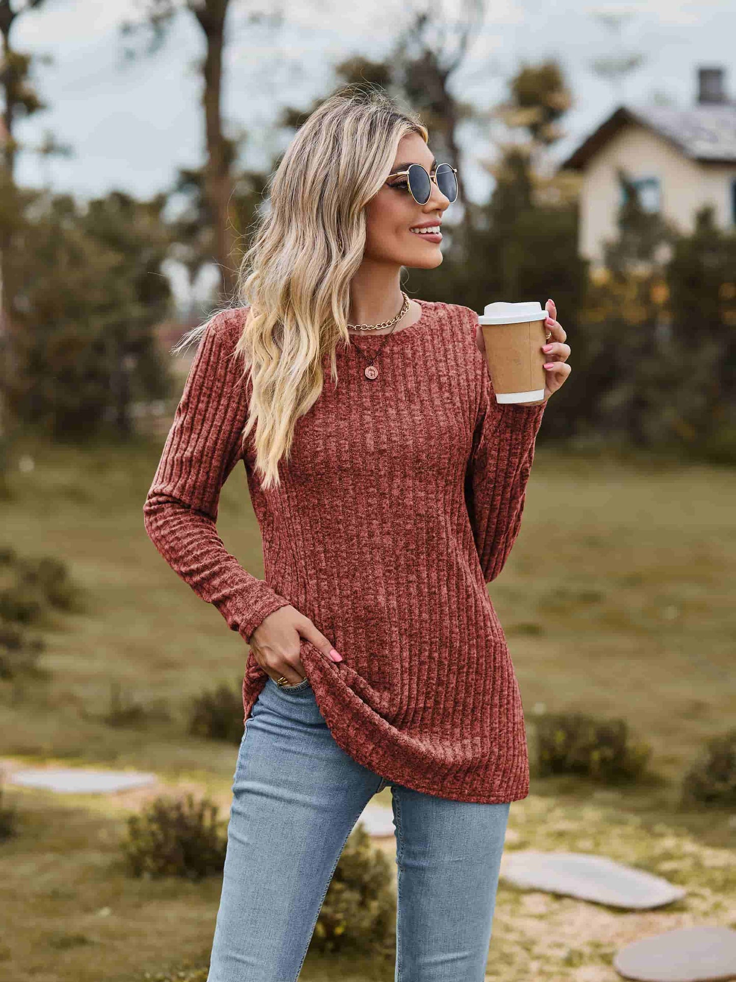 Full Size Ribbed Round Neck Long Sleeve Tee