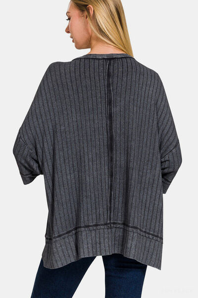 Zenana Washed Ribbed Drop Shoulder Half Sleeve Top *