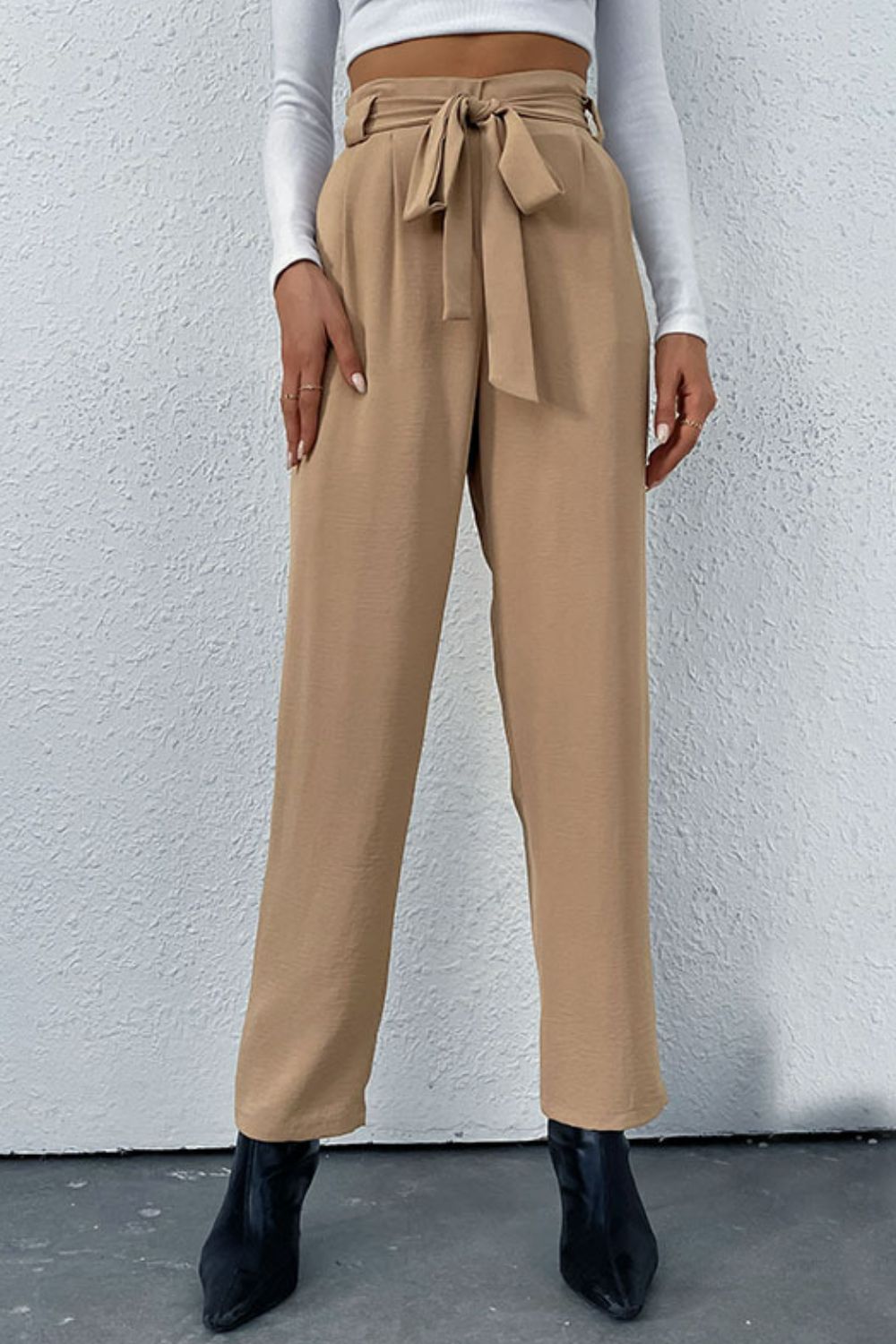 Belted Straight Leg Pants with Pockets