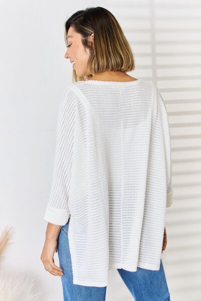 Zenana Full Size Waffle Knit V-Neck Long Sleeve Slit Top - Brand Zenana