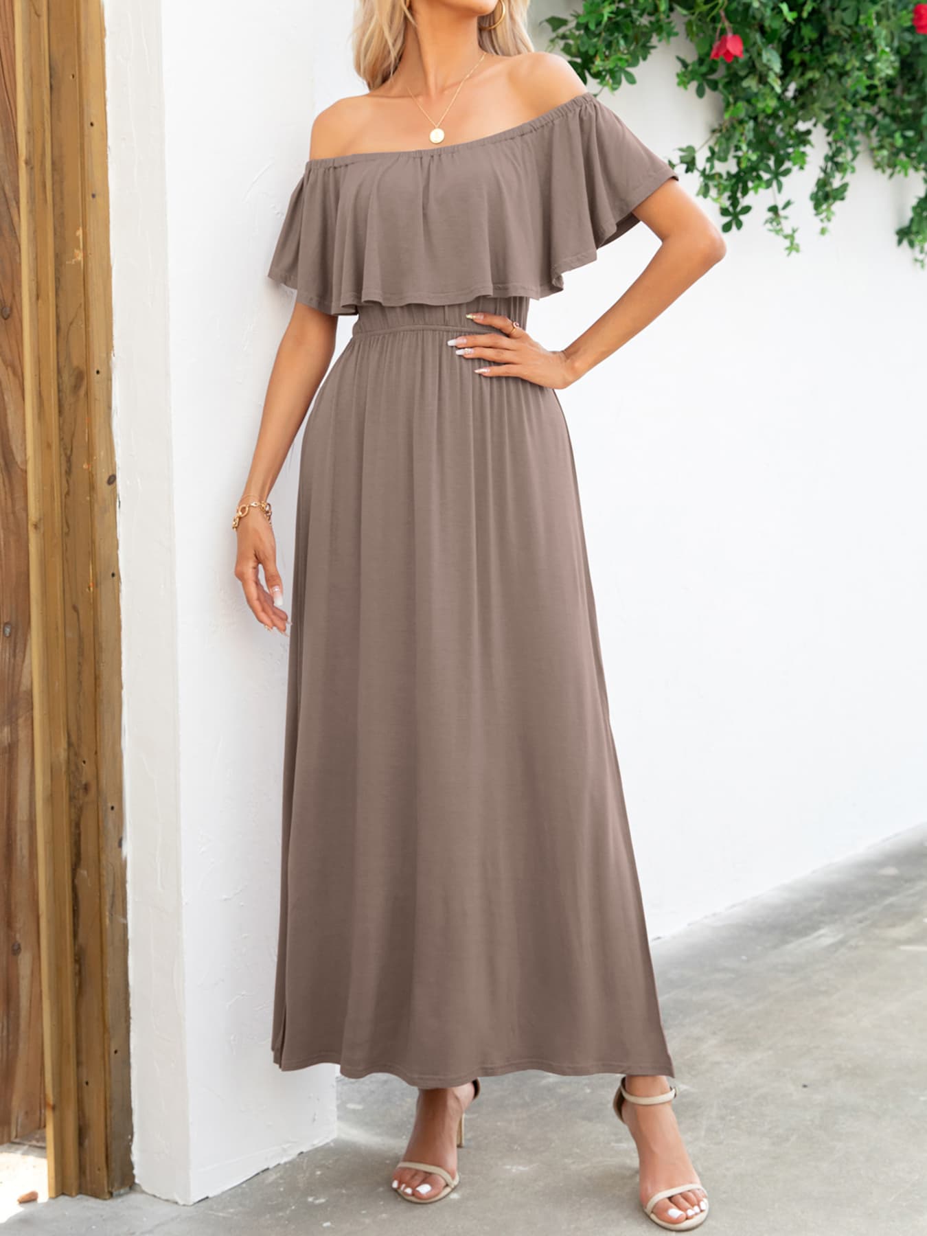 OCEANSIDE Full Size Off-Shoulder Slit Maxi Dress