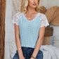 Eyelet V-Neck Lace Short Sleeve T-Shirt