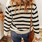 CozyWonders Striped Collared Neck Long Sleeve Black Sweater