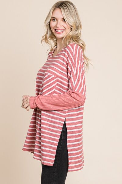 Culture Code Oversize Striped Round Neck Long Sleeve Slit T-Shirt *