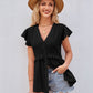 Full Size Buttoned V-Neck Ruffle Trim Top