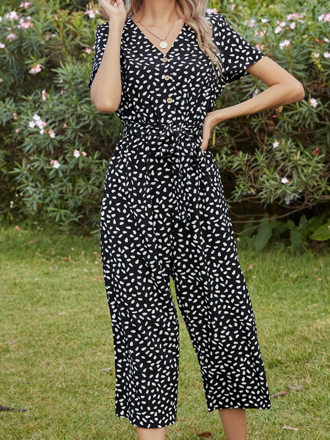 Black Printed V-Neck Short Sleeve Jumpsuit