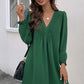 Ruched V-Neck Flounce Sleeve Dress