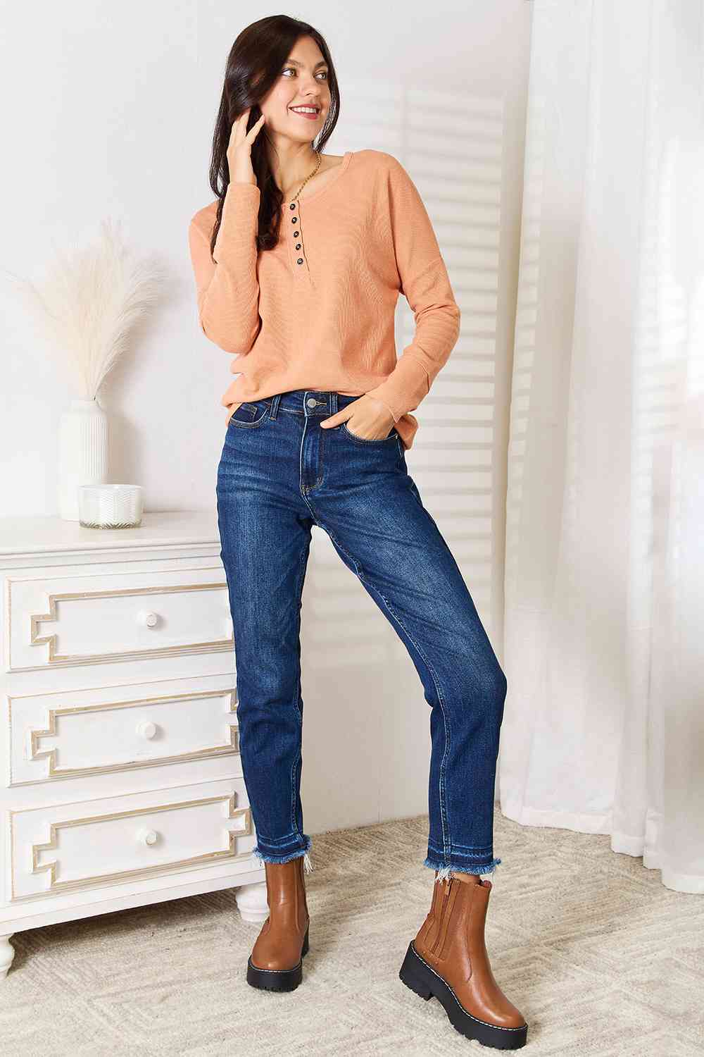 Basic Bae Half Button Long Sleeve Top *