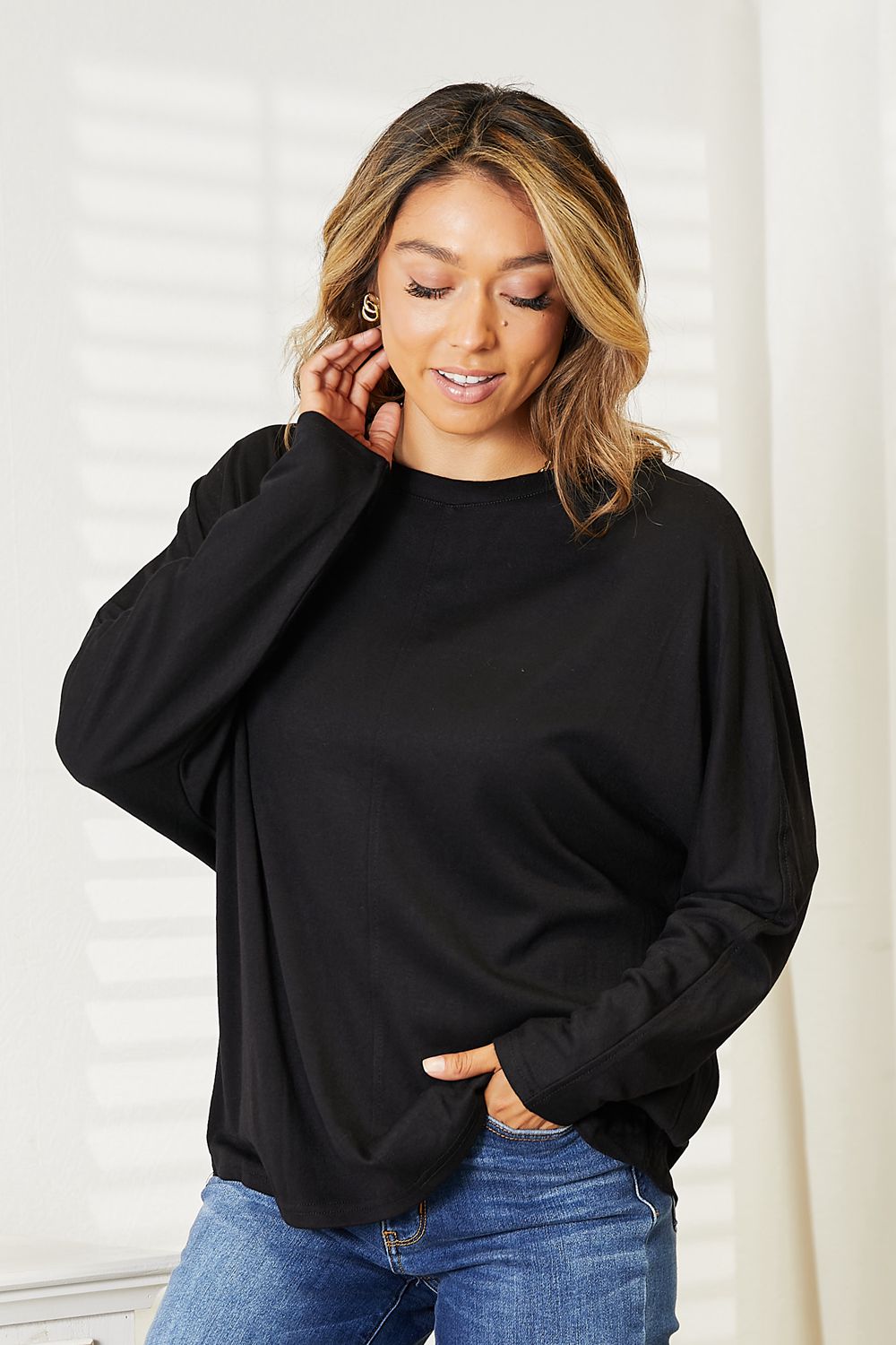 Double Take Light Gray Full Size Seam Detail Round Neck Long Sleeve Top *