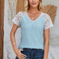 Eyelet V-Neck Lace Short Sleeve T-Shirt