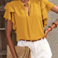 Ruffled Notched Short Sleeve Blouse
