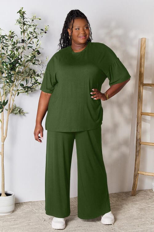 Double Take Full Size Round Neck Slit Top and Pants Set *