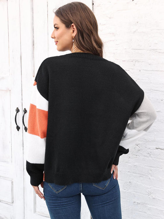 One Size Color Block Round Neck Sweater