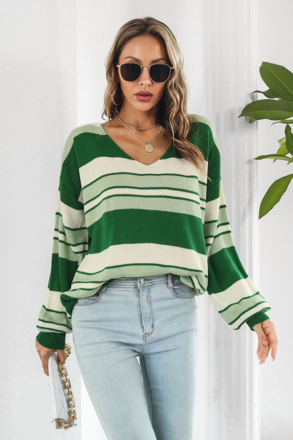 ZELDAlea Striped V-Neck Dropped Shoulder Sweater