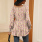 Full Size Printed V-Neck Lantern Sleeve Blouse