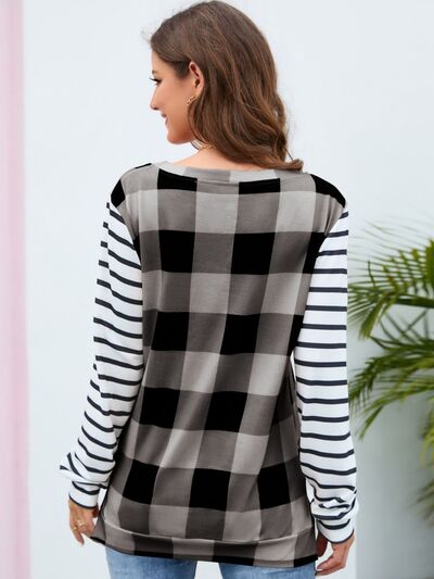 Women's HannahMea Plaid Striped Round Neck Long Sleeve T-Shirt