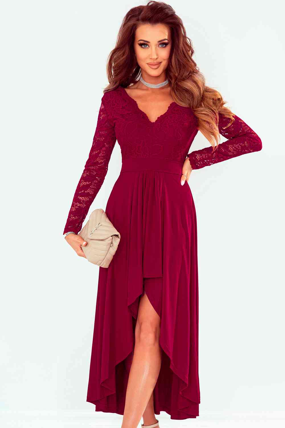 Full Size Lace High-Low V-Neck Dress