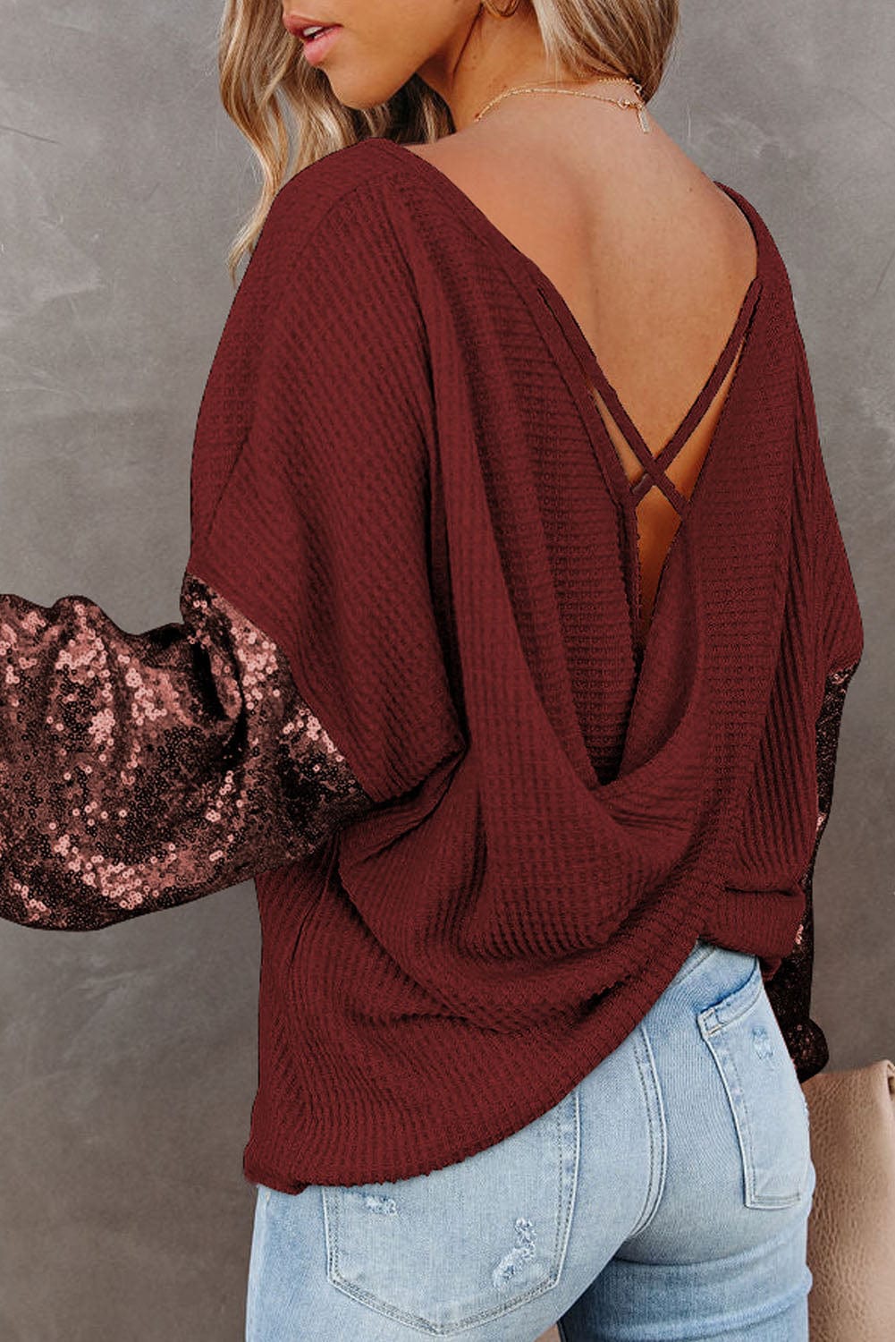 Full Size Sequin Waffle-Knit Blouse