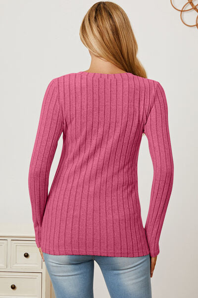 Basic Bae Full Size Ribbed V-Neck Long Sleeve T-Shirt *