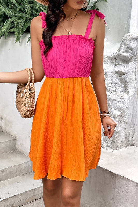 SO SASSY Two-Tone Tie-Shoulder Frill Trim Dress