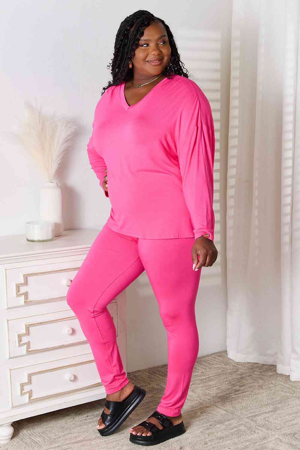 Basic Bae Full Size V-Neck Soft Rayon Long Sleeve Top and Pants Lounge Set *