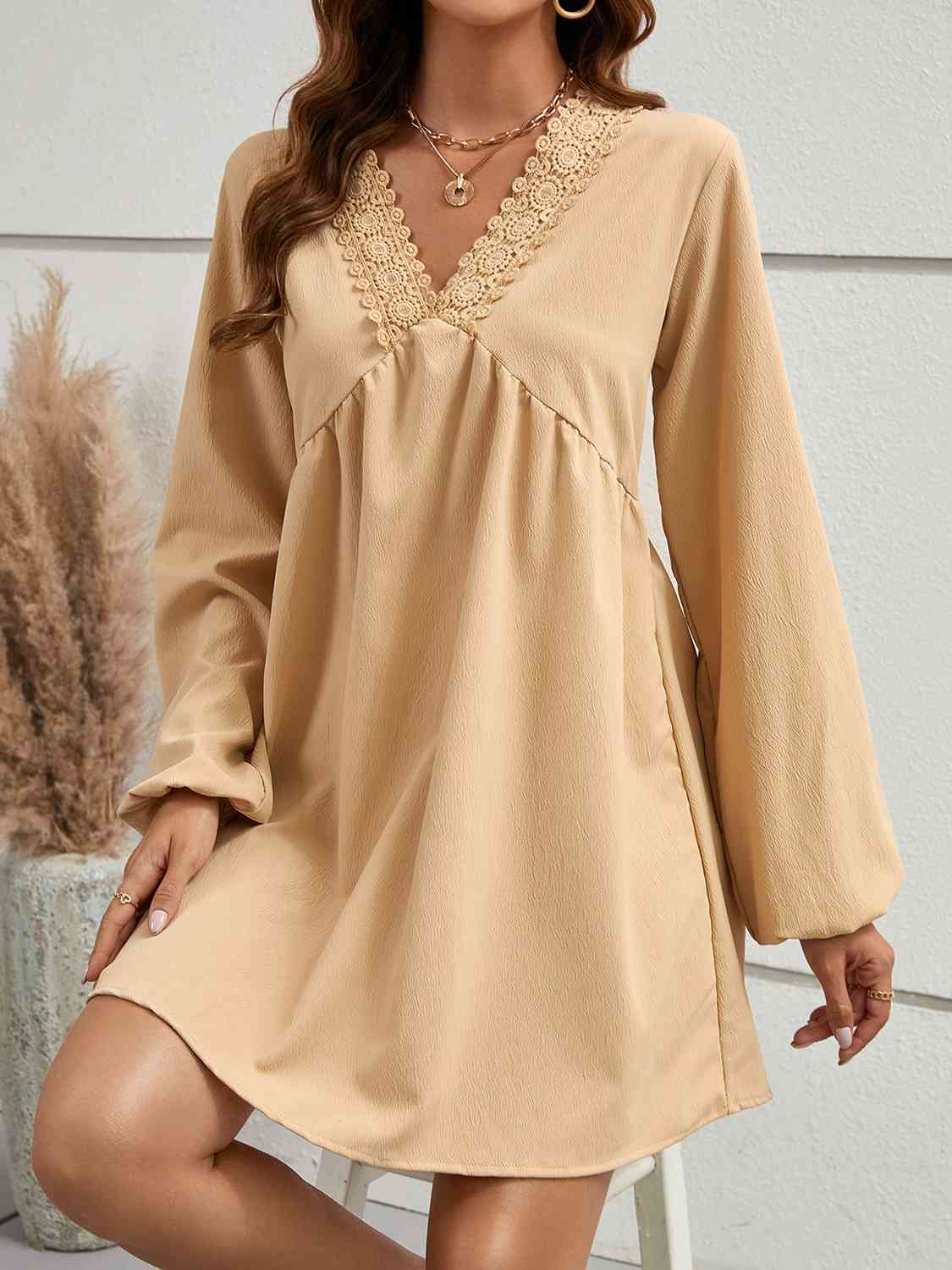 Tan V-Neck Lace Detail Mini Dress