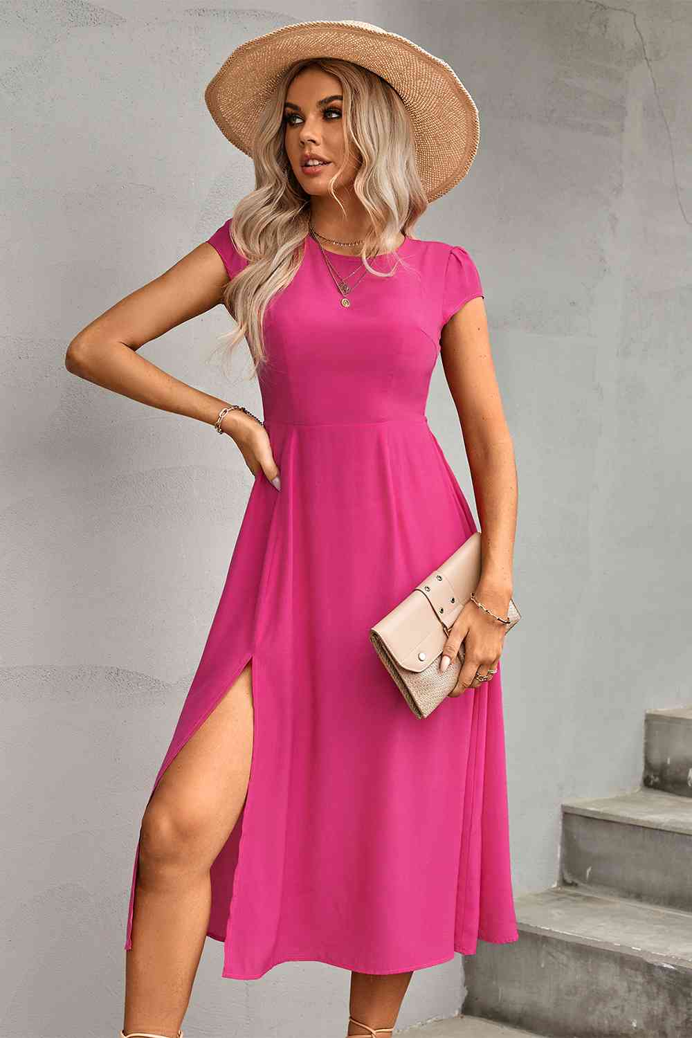 Tie Back Cutout Round Neck Split Hot Pink Dress