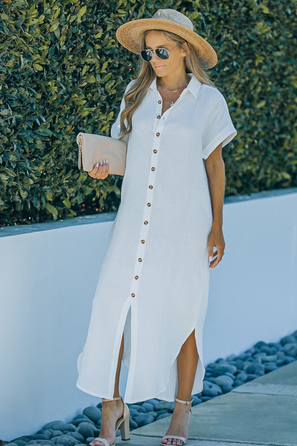 Full Size Textured Button Down Slit Shirt Dress